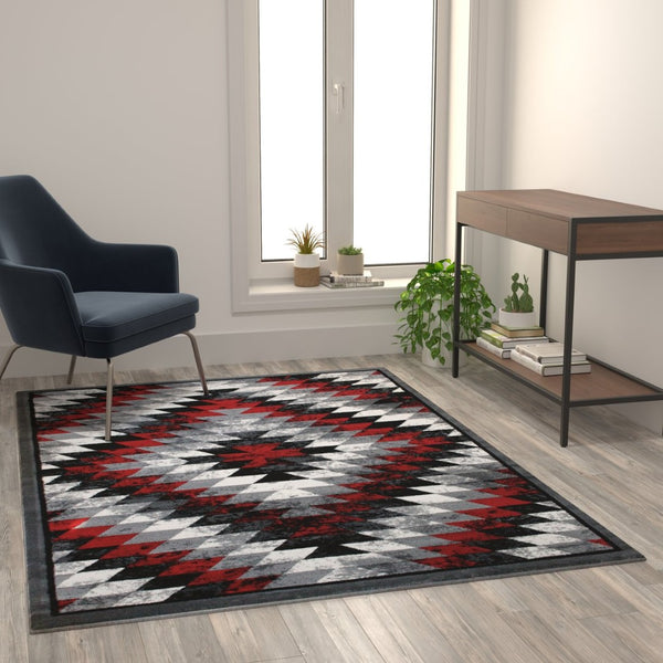 English Elm Teagan Collection Southwestern Runner Rug - Plush Olefin with Jute Backing for Entryway Style Red 5' x 7' OKR-RG1106-57-RD-GG