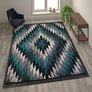 English Elm Teagan Collection Southwestern Runner Rug - Plush Olefin with Jute Backing for Entryway Style Turquoise 5' x 7' OKR-RG1106-57-TQ-GG