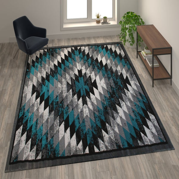 English Elm Teagan Collection Southwestern Runner Rug - Plush Olefin with Jute Backing for Entryway Style Turquoise 5' x 7' OKR-RG1106-57-TQ-GG