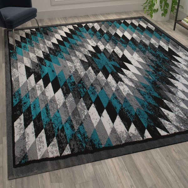 English Elm Teagan Collection Southwestern Runner Rug - Plush Olefin with Jute Backing for Entryway Style Turquoise 5' x 7' OKR-RG1106-57-TQ-GG