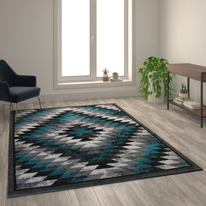 English Elm Teagan Collection Southwestern Runner Rug - Plush Olefin with Jute Backing for Entryway Style Turquoise 6' x 9' OKR-RG1106-69-TQ-GG