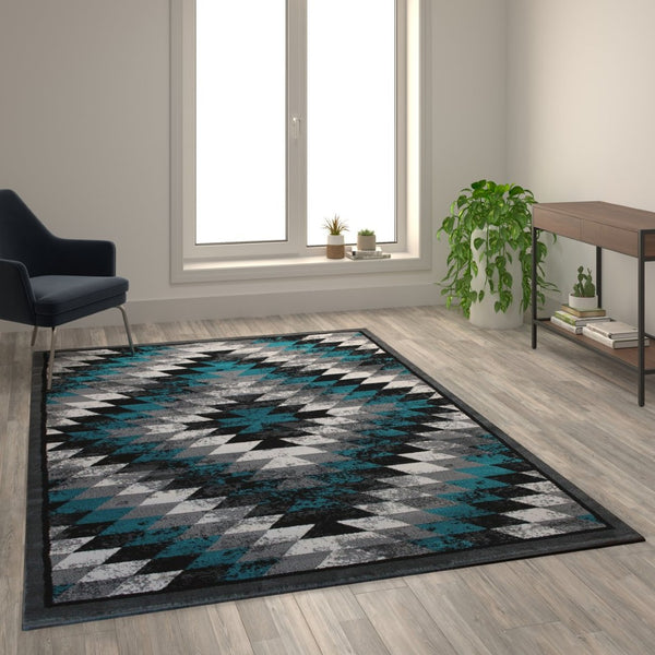 English Elm Teagan Collection Southwestern Runner Rug - Plush Olefin with Jute Backing for Entryway Style Turquoise 6' x 9' OKR-RG1106-69-TQ-GG
