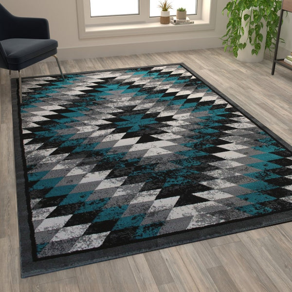English Elm Teagan Collection Southwestern Runner Rug - Plush Olefin with Jute Backing for Entryway Style Turquoise 6' x 9' OKR-RG1106-69-TQ-GG