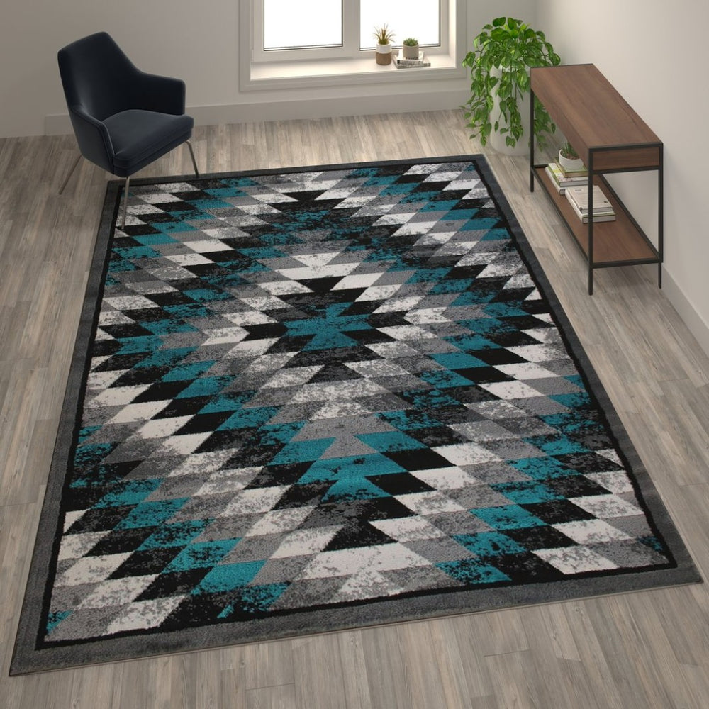 English Elm Teagan Collection Southwestern Runner Rug - Plush Olefin with Jute Backing for Entryway Style Turquoise 8' x 10' OKR-RG1106-810-TQ-GG