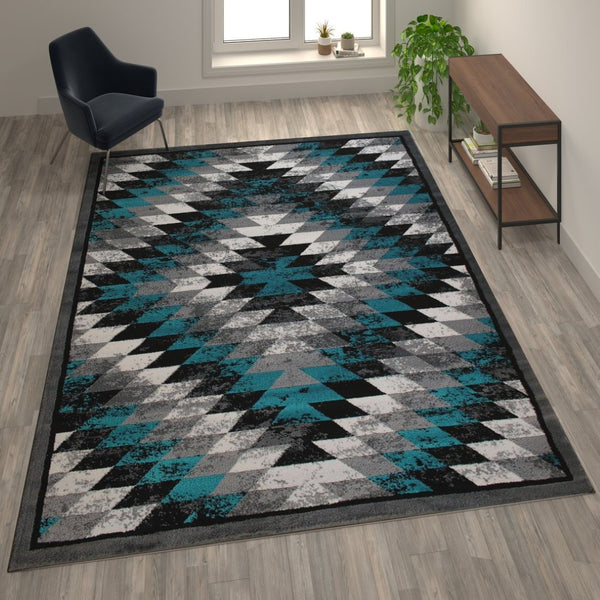 English Elm Teagan Collection Southwestern Runner Rug - Plush Olefin with Jute Backing for Entryway Style Turquoise 8' x 10' OKR-RG1106-810-TQ-GG