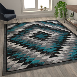 English Elm Teagan Collection Southwestern Runner Rug - Plush Olefin with Jute Backing for Entryway Style Turquoise 8' x 10' OKR-RG1106-810-TQ-GG