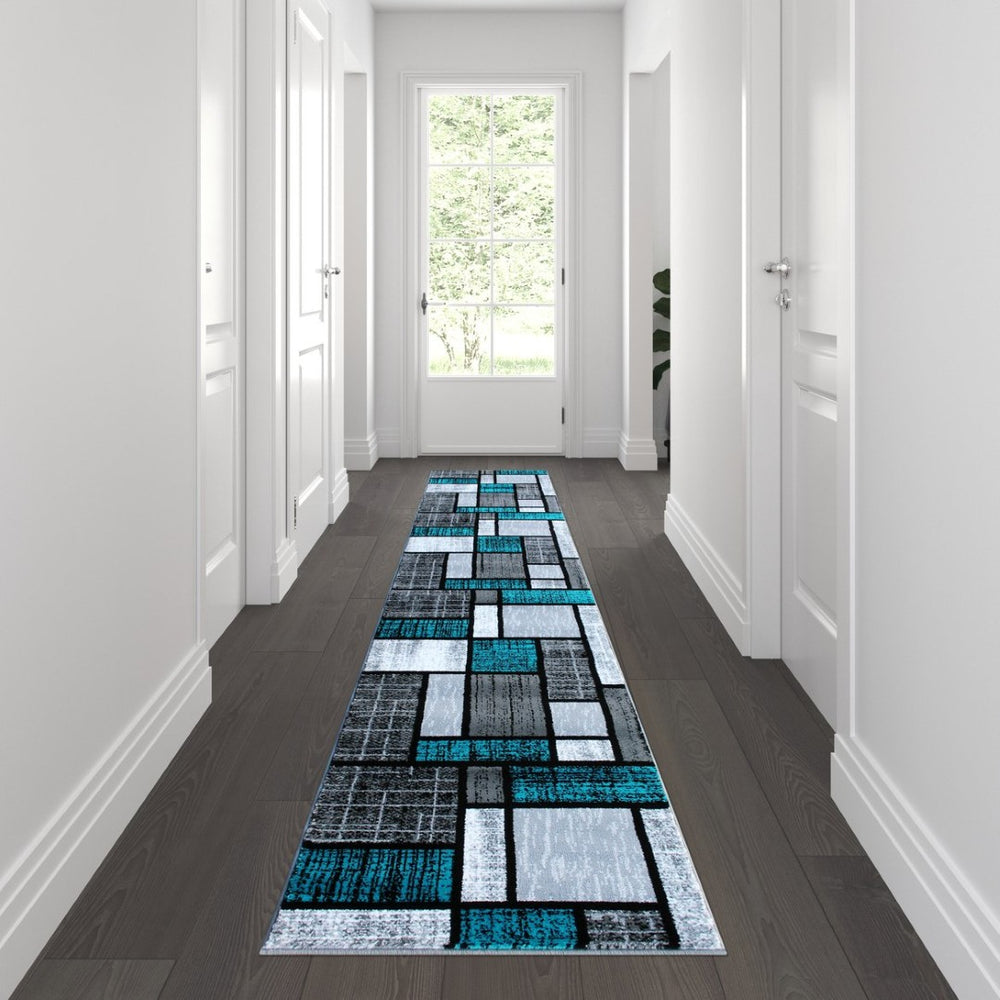 English Elm Raven Collection Plush Color-Blocked Runner Rug with Soft Olefin Pile and Jute Backing for Durability Turquoise 2' x 11' OKR-RG1110-211-TQ-GG