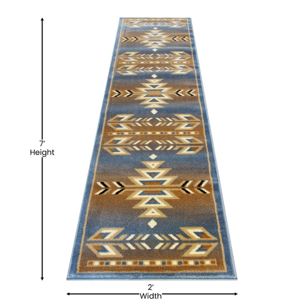 English Elm Lodi Collection Southwestern Area Rug - Durable Olefin Runner for Hallways, Entryways, and Bedrooms Blue 2' x 7' OKR-RG1113-27-BL-GG