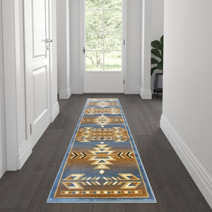 English Elm Lodi Collection Southwestern Area Rug - Durable Olefin Runner for Hallways, Entryways, and Bedrooms Blue 2' x 7' OKR-RG1113-27-BL-GG
