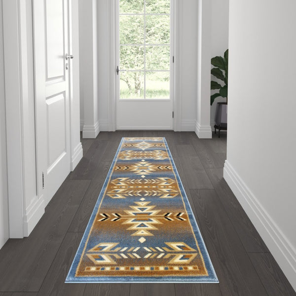 English Elm Lodi Collection Southwestern Area Rug - Durable Olefin Runner for Hallways, Entryways, and Bedrooms Blue 2' x 7' OKR-RG1113-27-BL-GG