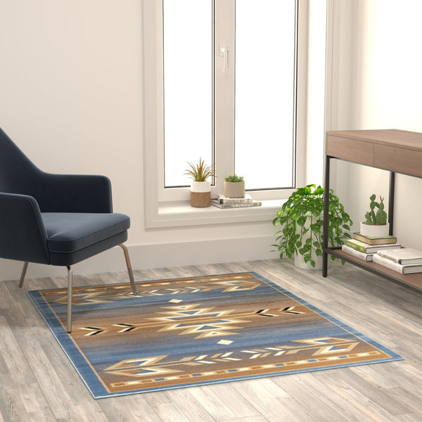 English Elm Lodi Collection Southwestern Area Rug - Durable Olefin Runner for Hallways, Entryways, and Bedrooms Blue 4' x 5' OKR-RG1113-45-BL-GG