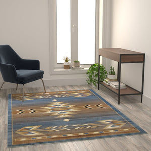 English Elm Lodi Collection Southwestern Area Rug - Durable Olefin Runner for Hallways, Entryways, and Bedrooms Blue 5' x 7' OKR-RG1113-57-BL-GG