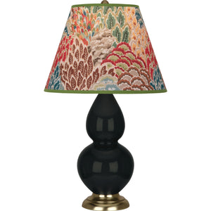 Robert Abbey Obsidian Small Double Gourd Accent Lamp Obsidian Glazed Ceramic with Antique Natural Brass Finished Accents Fall Floral Fabric Shade