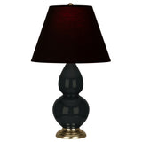 Robert Abbey Obsidian Small Double Gourd Accent Lamp Obsidian Glazed Ceramic with Antique Natural Brass Finished Accents Ink Black W/ Rose Red Lining Fabric Shade