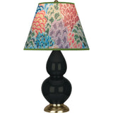 Robert Abbey Obsidian Small Double Gourd Accent Lamp Obsidian Glazed Ceramic with Antique Natural Brass Finished Accents Spring Floral Fabric Shade