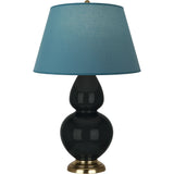 Robert Abbey Obsidian Double Gourd Table Lamp Obsidian Glazed Ceramic with Antique Natural Brass Finished Accents Bright Blue W/ Gray Lining Fabric Shade