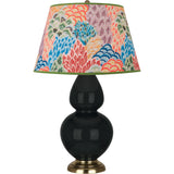 Robert Abbey Obsidian Double Gourd Table Lamp Obsidian Glazed Ceramic with Antique Natural Brass Finished Accents Spring Floral Fabric Shade