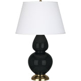 Robert Abbey Obsidian Double Gourd Table Lamp Obsidian Glazed Ceramic with Antique Natural Brass Finished Accents Pearl Dupioni Fabric Shade