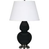 Robert Abbey Obsidian Double Gourd Table Lamp Obsidian Glazed Ceramic with Antique Silver Finished Accents Pearl Dupioni Fabric Shade