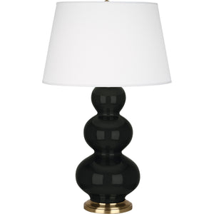 Robert Abbey Obsidian Triple Gourd Table Lamp Obsidian Glazed Ceramic with Antique Natural Brass Finished Accents Pearl Dupioni Fabric Shade