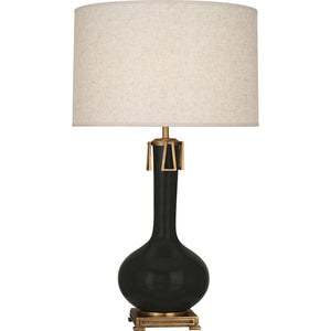 Robert Abbey Obsidian Athena Table Lamp Obsidian Glazed Ceramic with Aged Brass Accents Open Weave Heather Linen Shade