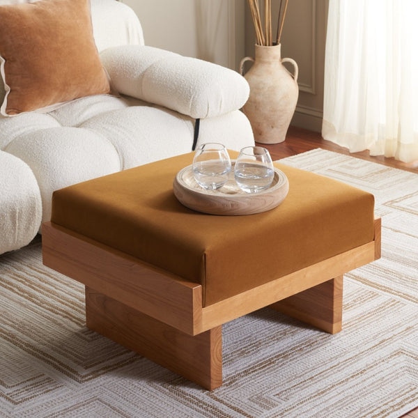 Safavieh Tarilynn Ottoman - Plush Velvet Footstool & Extra Seat With Stylish Rubberwood Frame For Any Room Mustard / Natural OTT3400A