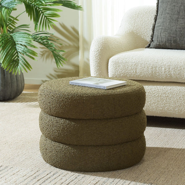 Safavieh Ryth Chic Boucle Ottoman - Versatile Cylindrical Accent For Extra Seating, Footrest, Or Decor Olive OTT3401C
