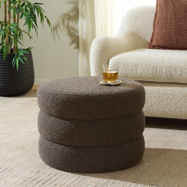 Safavieh Ryth Chic Boucle Ottoman - Versatile Cylindrical Accent For Extra Seating, Footrest, Or Decor Brown / Black OTT3401D