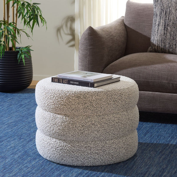Safavieh Ryth Chic Boucle Ottoman - Versatile Cylindrical Accent For Extra Seating, Footrest, Or Decor White / Black OTT3401E