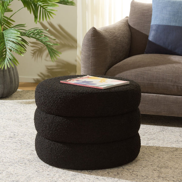 Safavieh Ryth Chic Boucle Ottoman - Versatile Cylindrical Accent For Extra Seating, Footrest, Or Decor Black OTT3401F