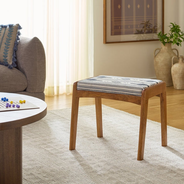 Safavieh Ute Ottoman - Stylish Navy-White Cotton Upholstered Footstool With Durable Mango Wood Frame Design OTT3700A