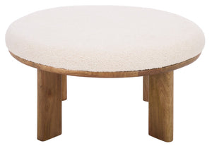Safavieh Evgenia Round Ottoman Cream Upholstered Top Walnut Legs Modern Living Room Accent White OTT3704A