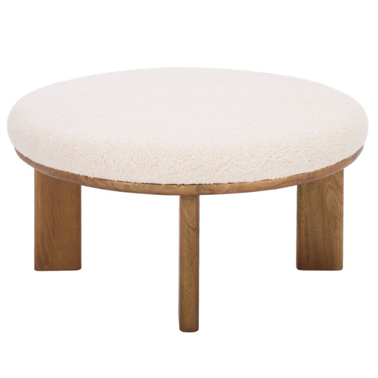 Safavieh Evgenia Round Ottoman Cream Upholstered Top Walnut Legs Modern Living Room Accent White OTT3704A