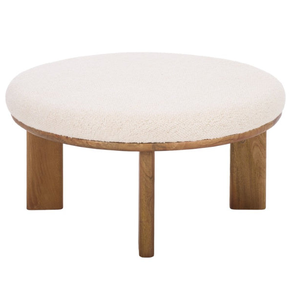 Safavieh Evgenia Round Ottoman Cream Upholstered Top Walnut Legs Modern Living Room Accent White OTT3704A