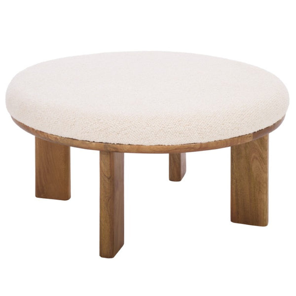 Safavieh Evgenia Round Ottoman Cream Upholstered Top Walnut Legs Modern Living Room Accent White OTT3704A