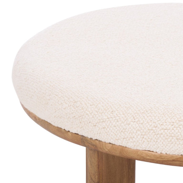Safavieh Evgenia Round Ottoman Cream Upholstered Top Walnut Legs Modern Living Room Accent White OTT3704A