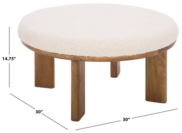 Safavieh Evgenia Round Ottoman Cream Upholstered Top Walnut Legs Modern Living Room Accent White OTT3704A