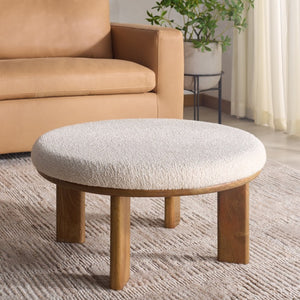 Safavieh Evgenia Round Ottoman Cream Upholstered Top Walnut Legs Modern Living Room Accent White OTT3704A