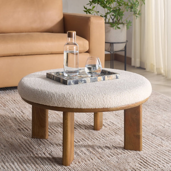 Safavieh Evgenia Round Ottoman Cream Upholstered Top Walnut Legs Modern Living Room Accent White OTT3704A