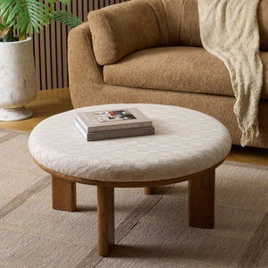 Safavieh Evgenia Round Ottoman Cream Upholstered Top Walnut Legs Modern Living Room Accent Cream OTT3704B