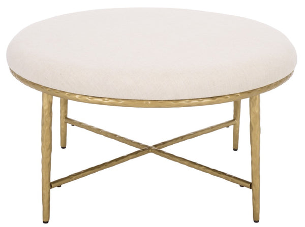 Safavieh Bogdana Round Ottoman Cream Upholstered Seat with Gold Metal Frame Glam Accent OTT3705A