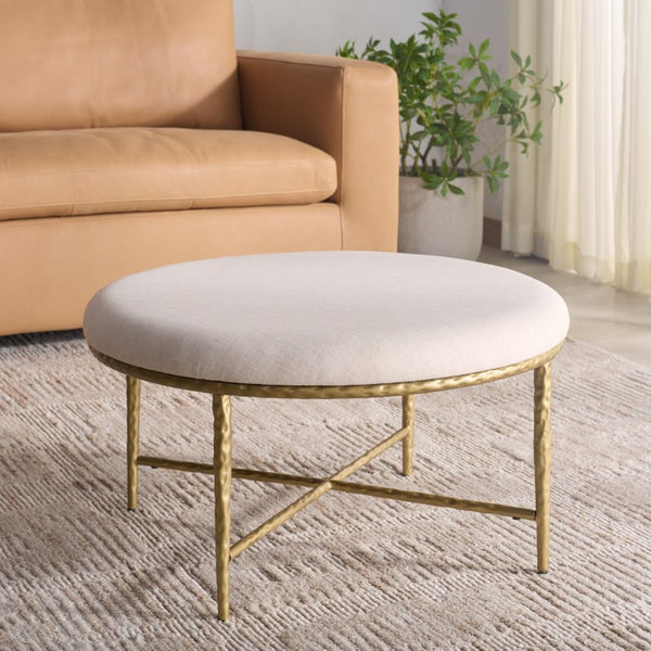 Safavieh Bogdana Round Ottoman Cream Upholstered Seat with Gold Metal Frame Glam Accent OTT3705A