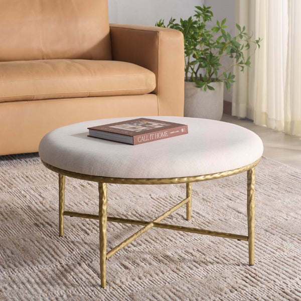Safavieh Bogdana Round Ottoman Cream Upholstered Seat with Gold Metal Frame Glam Accent OTT3705A