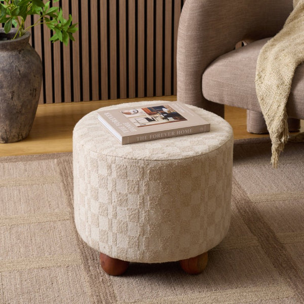 Safavieh Bronislava Round Pouf Cream Upholstered Seat with Solid Walnut Wood Base for Living Rooms OTT3706A