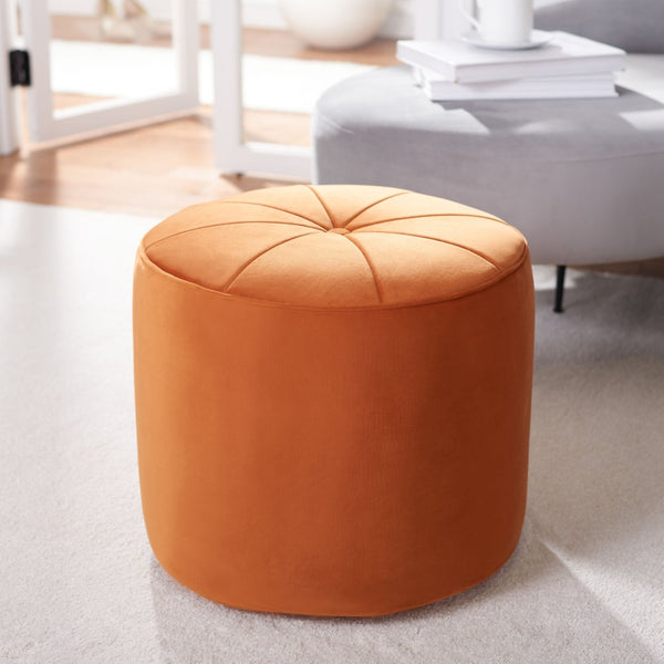 Safavieh Hawkem Cylinder Ottoman - Plush Orange Velvet Accent For Modern Living Rooms & Versatile Seating Solutions OTT4502A
