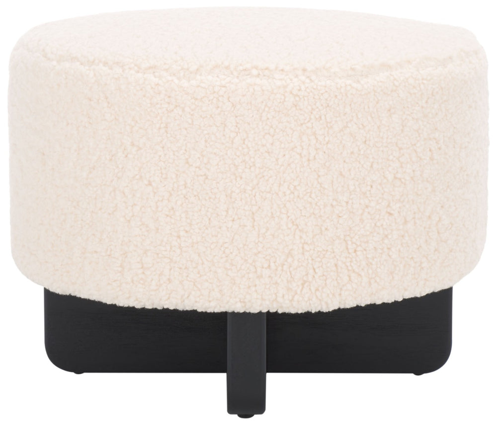 Safavieh Alistair Round Ottoman - Plush Faux Shearling Upholstery With Stylish Cross Base For Modern Decor Off White / Black OTT4503A
