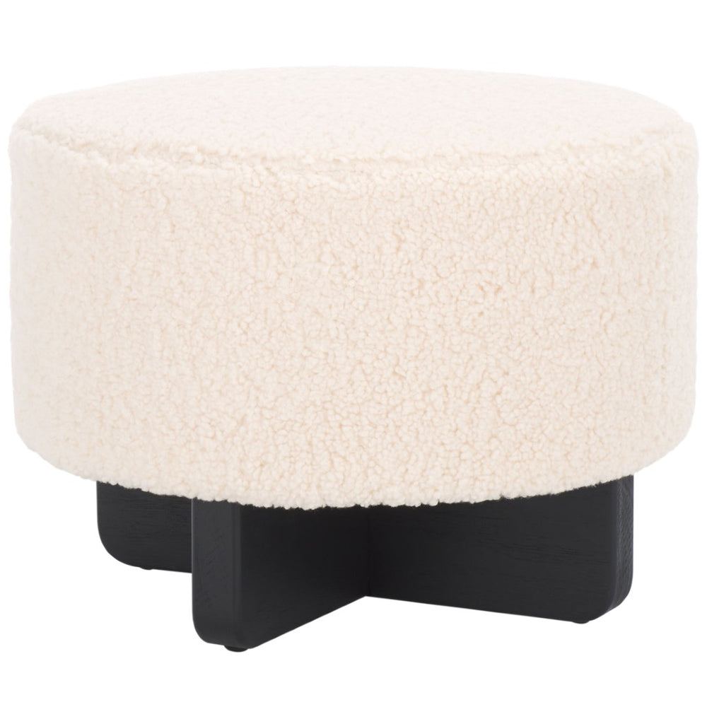 Safavieh Alistair Round Ottoman - Plush Faux Shearling Upholstery With Stylish Cross Base For Modern Decor Off White / Black OTT4503A