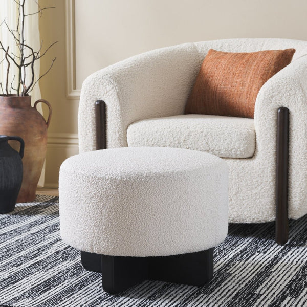 Safavieh Riah Plush Boucle Round Ottoman – Modern Versatile Accent For Living Room, Footrest & Tabletop Use Off White / Black OTT4504A