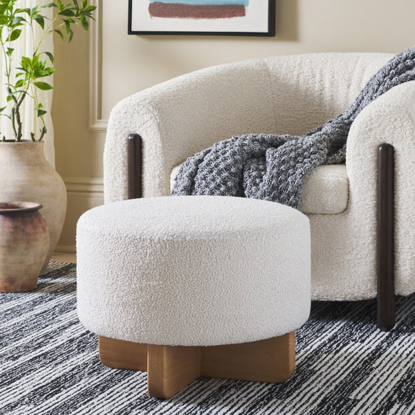 Safavieh Riah Plush Boucle Round Ottoman – Modern Versatile Accent For Living Room, Footrest & Tabletop Use Off White / Natural OTT4504B