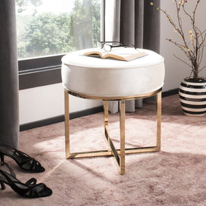 Safavieh Angelea Round Ottoman - Luxurious Velvet Accent With Sculptural Legs For Stylish Living Spaces Beige/Brass OTT6201A